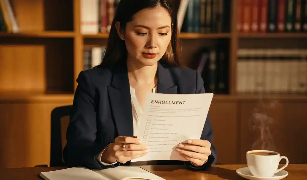 Vrouw bestudeert inschrijfchecklist aan houten bureau met notitieboek en koffie, warm ochtendlicht en boekenkast op achtergrond.