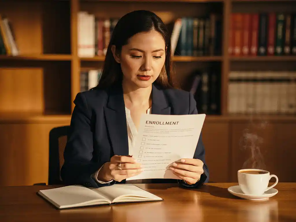 Vrouw bestudeert inschrijfchecklist aan houten bureau met notitieboek en koffie, warm ochtendlicht en boekenkast op achtergrond.