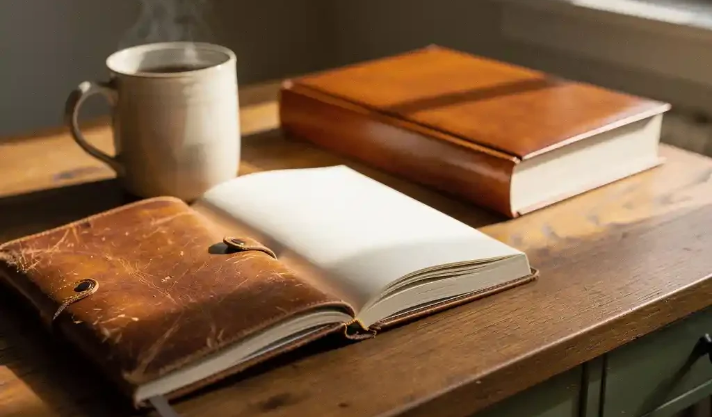 Versleten leren dagboek opengeslagen naast een hardcover studieboek op een eiken bureau, met een dampende mok en zacht natuurlijk raamlicht.