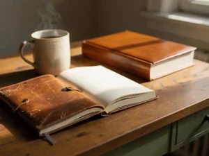 Versleten leren dagboek opengeslagen naast een hardcover studieboek op een eiken bureau, met een dampende mok en zacht natuurlijk raamlicht.