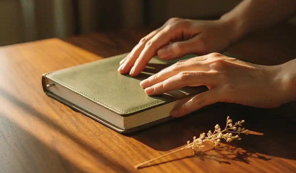 Twee handen sluiten een leren dagboek op een houten tafel, met een gedroogd botanisch takje ernaast in zacht middaglicht.