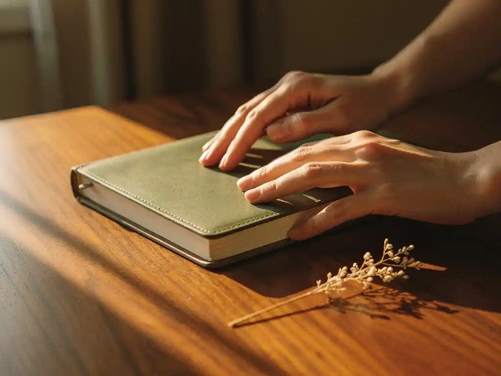 Twee handen sluiten een leren dagboek op een houten tafel, met een gedroogd botanisch takje ernaast in zacht middaglicht.