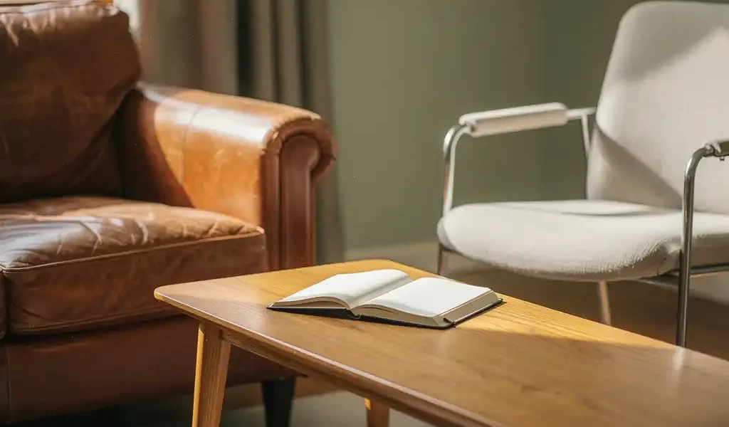 Versleten leren fauteuil en moderne stoel tegenover elkaar met open dagboek op eikenhouten salontafel, warm natuurlijk licht.