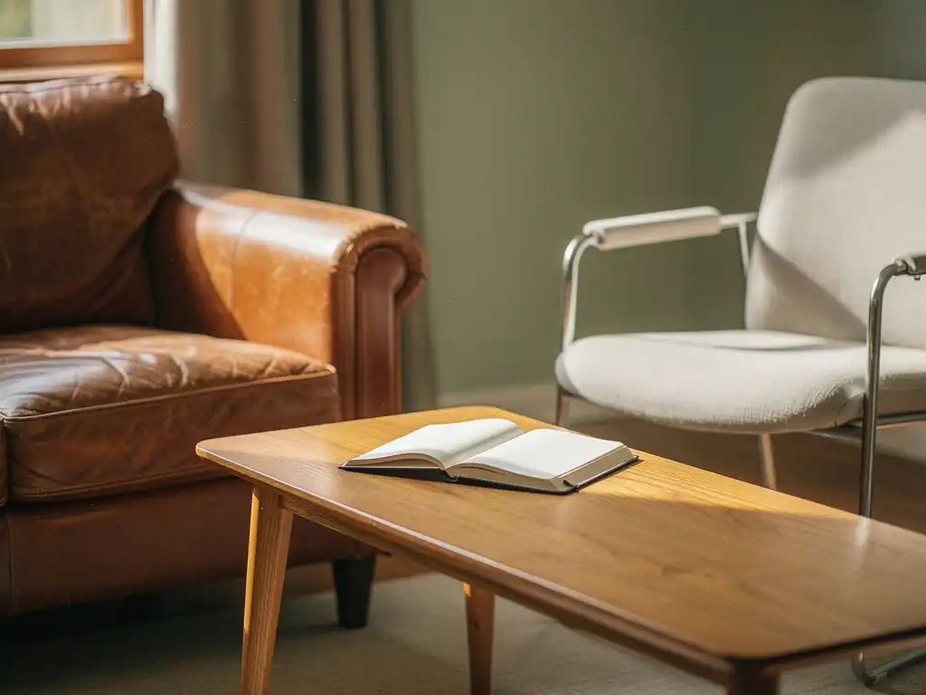 Versleten leren fauteuil en moderne stoel tegenover elkaar met open dagboek op eikenhouten salontafel, warm natuurlijk licht.