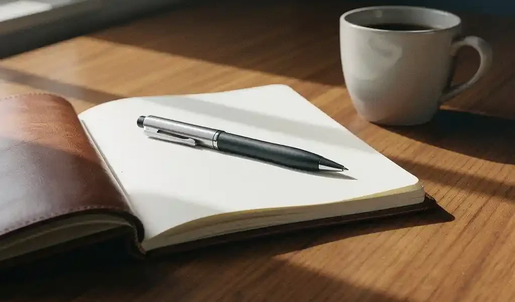 Open leren notitieboek op een eiken bureau met keramische koffiekop en pen, warm natuurlijk raamlicht.