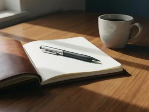 Open leren notitieboek op een eiken bureau met keramische koffiekop en pen, warm natuurlijk raamlicht.