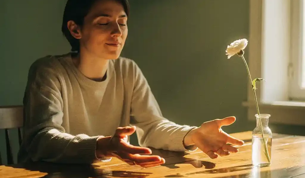 Persoon aan houten tafel met gesloten ogen en open handen in stille meditatie, zacht ochtendlicht en witte bloem op de achtergrond.