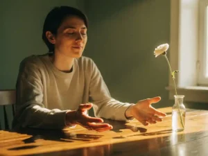 Persoon aan houten tafel met gesloten ogen en open handen in stille meditatie, zacht ochtendlicht en witte bloem op de achtergrond.