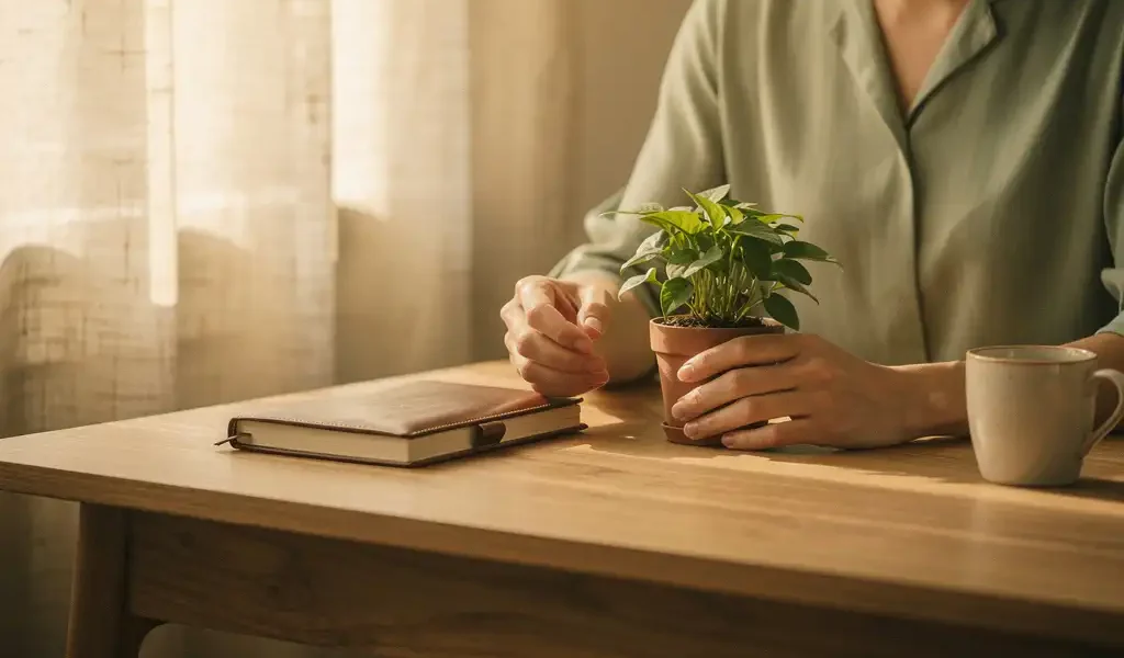 Pas afgestudeerde coach die een kleine kamerplant schikt op een eikenhouten bureau naast een leren notitieboek en koffiemok, warm ochtendlicht.