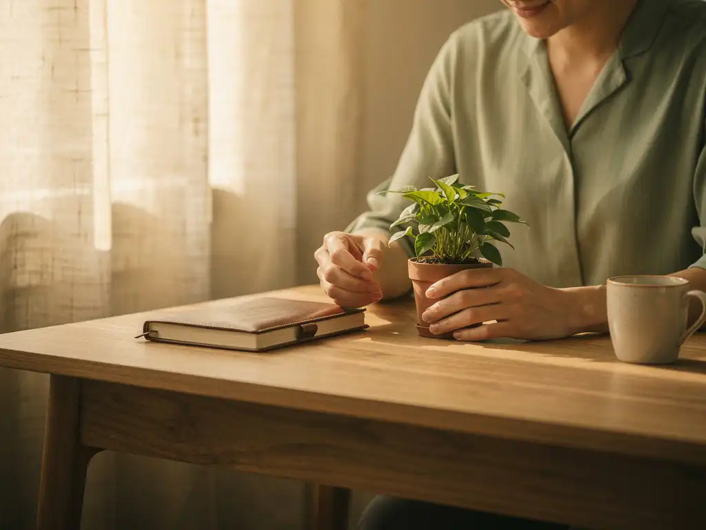 Pas afgestudeerde coach die een kleine kamerplant schikt op een eikenhouten bureau naast een leren notitieboek en koffiemok, warm ochtendlicht.