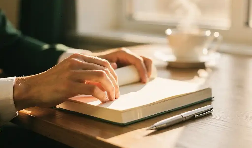 Jonge professional opent hardcover notitieboek aan houten bureau, met pen en dampende koffie in warm ochtendlicht.