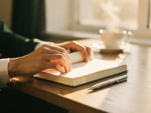 Jonge professional opent hardcover notitieboek aan houten bureau, met pen en dampende koffie in warm ochtendlicht.