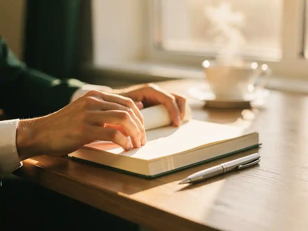 Jonge professional opent hardcover notitieboek aan houten bureau, met pen en dampende koffie in warm ochtendlicht.