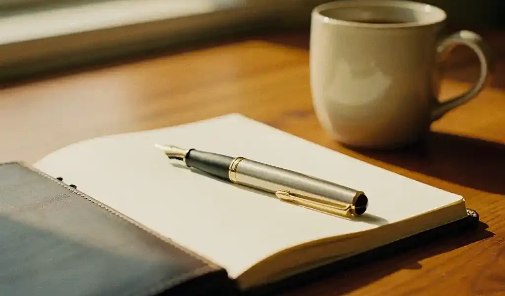 Opengeslagen leren notitieboek op eikenhouten bureau met vulpen en keramische koffiemok, warm natuurlijk licht.