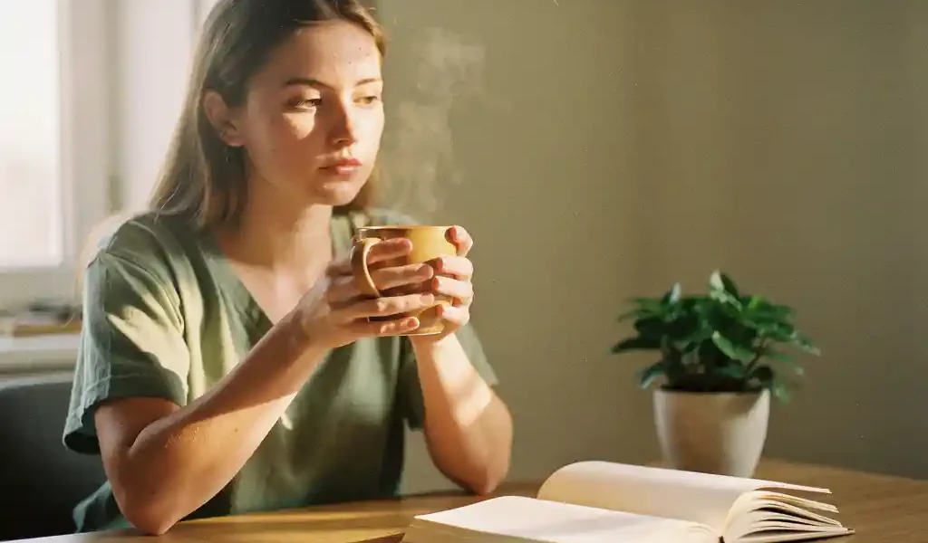 Jonge vrouw aan houten bureau met keramische mok, omringd door notitieboeken en kamerplant in zacht ochtendlicht.