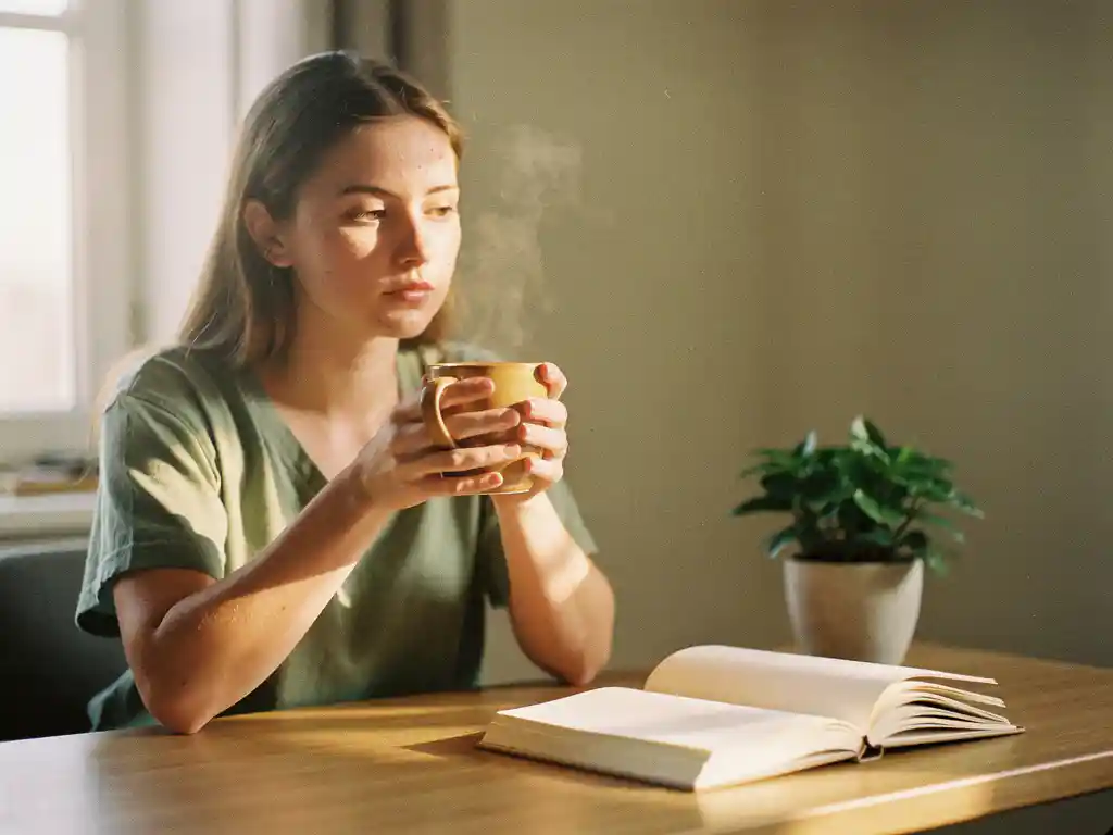Jonge vrouw aan houten bureau met keramische mok, omringd door notitieboeken en kamerplant in zacht ochtendlicht.