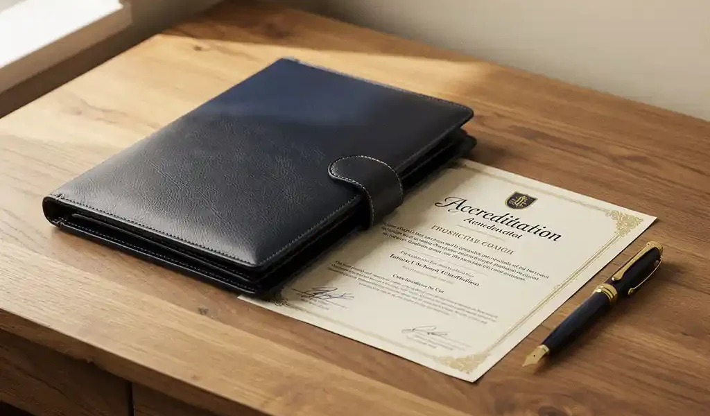 Leren portfolio en accreditatiecertificaat op een eikenhouten bureau met vulpen, warm natuurlijk licht en gouden accenten.