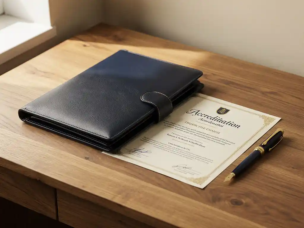 Leren portfolio en accreditatiecertificaat op een eikenhouten bureau met vulpen, warm natuurlijk licht en gouden accenten.