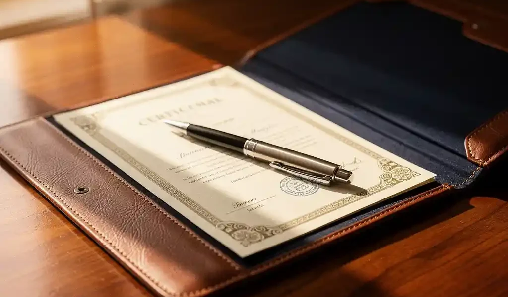 Opengeslagen leren portfolio met accreditatiedocumenten en pen op houten bureau, warm ochtendlicht, professionele sfeer.