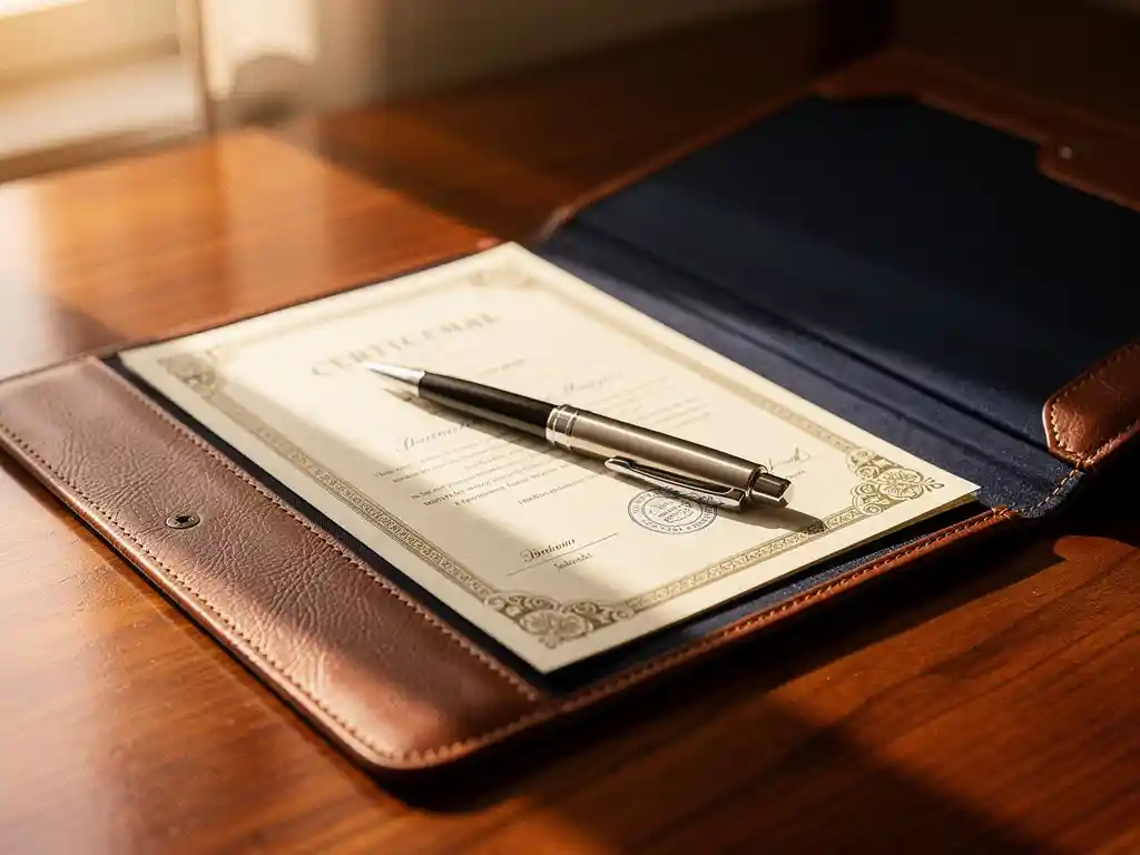 Opengeslagen leren portfolio met accreditatiedocumenten en pen op houten bureau, warm ochtendlicht, professionele sfeer.