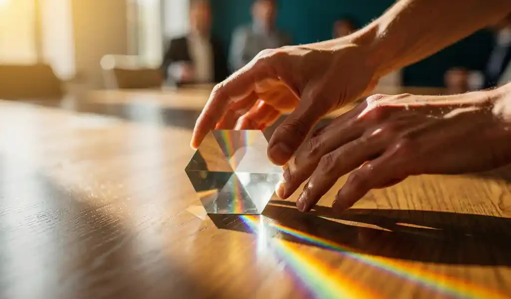 Handen die een glazen prisma draaien op een eiken tafel, met kleurrijke lichtreflecties in een professionele trainingsruimte.