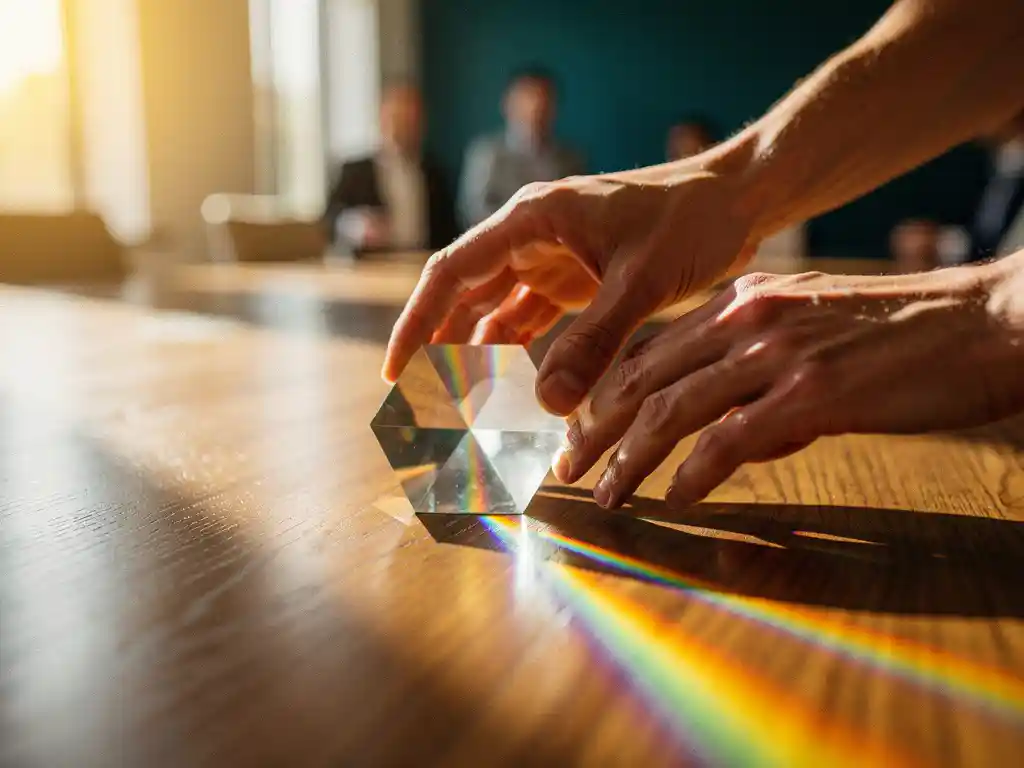 Handen die een glazen prisma draaien op een eiken tafel, met kleurrijke lichtreflecties in een professionele trainingsruimte.