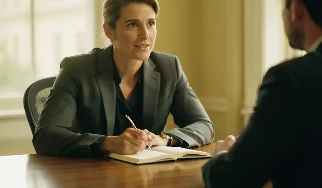 Professionele coach en cliënt in gesprek aan een houten bureau met notitieboek, warm natuurlijk licht, rustige sfeer.