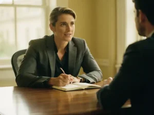 Professionele coach en cliënt in gesprek aan een houten bureau met notitieboek, warm natuurlijk licht, rustige sfeer.