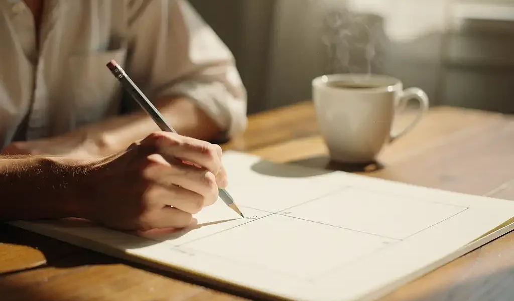 Persoon tekent een vierkvadrantendiagram op crèmepapier aan een houten bureau, met een dampende koffiekop in warm natuurlijk licht.