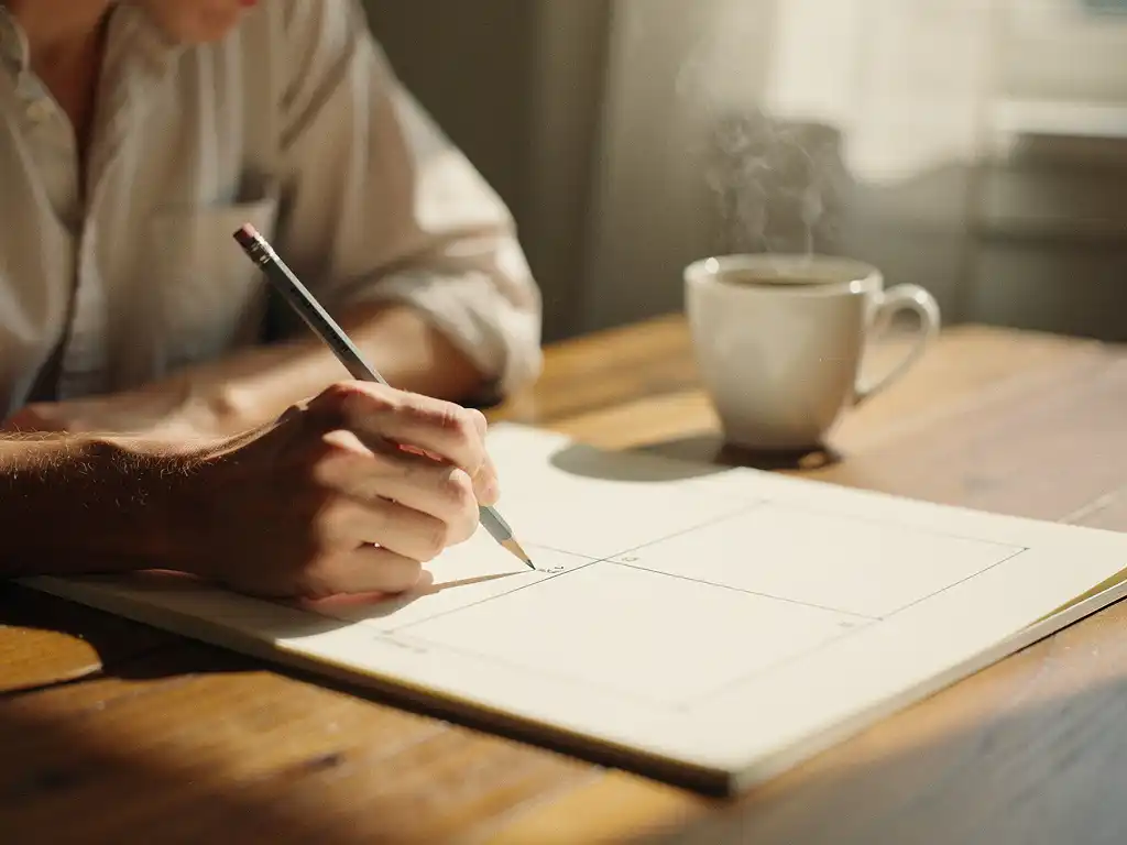 Persoon tekent een vierkvadrantendiagram op crèmepapier aan een houten bureau, met een dampende koffiekop in warm natuurlijk licht.