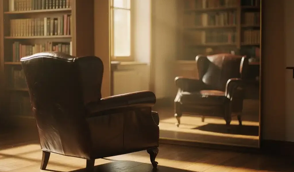 Lege leren therapiestoel tegenover een spiegel met licht afwijkende reflectie, warme studeerkamer met boekenkast en middaglicht.