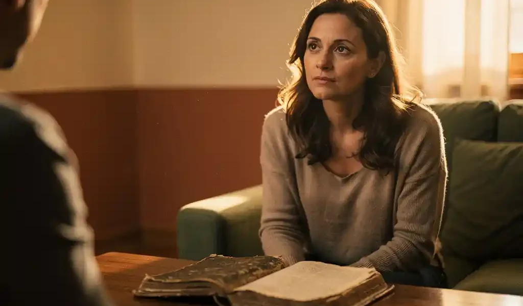 Vrouw in therapiegesprek kijkt peinzend naar een opengeslagen dagboek op tafel, warm middaglicht, aardetinten.