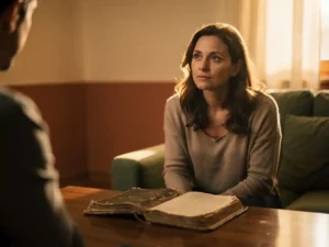 Vrouw in therapiegesprek kijkt peinzend naar een opengeslagen dagboek op tafel, warm middaglicht, aardetinten.
