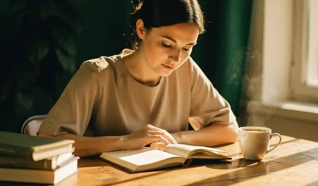 Vrouw bestudeert leren notitieboek aan zonnig houten bureau met dampende koffie en gestapelde boeken in warm ochtendlicht.
