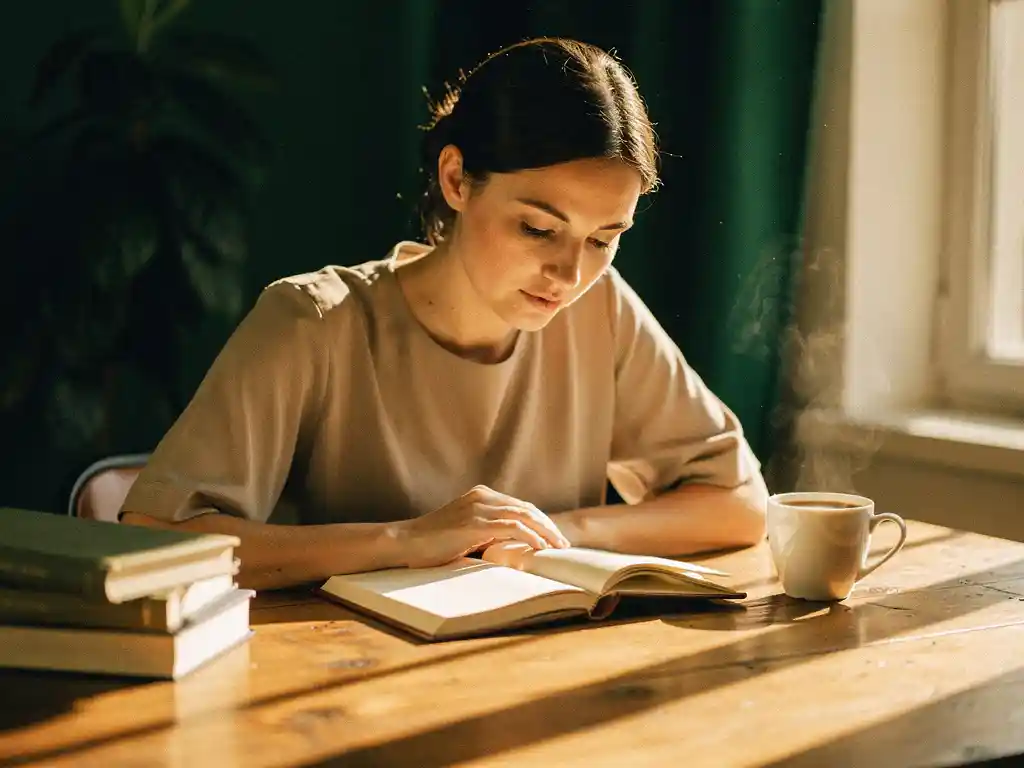 Vrouw bestudeert leren notitieboek aan zonnig houten bureau met dampende koffie en gestapelde boeken in warm ochtendlicht.