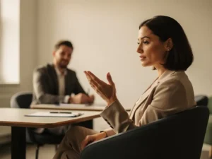 Vrouw in zelfreflectie tijdens coachingsgesprek, hand opgeheven, in moderne trainingsruimte met zacht natuurlijk licht.