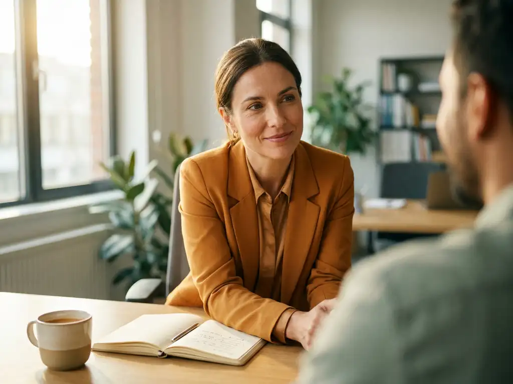 Vrouw luistert aandachtig naar collega in zonnig modern kantoor, met notitieboek en koffiemok op bureau, warm natuurlijk licht.