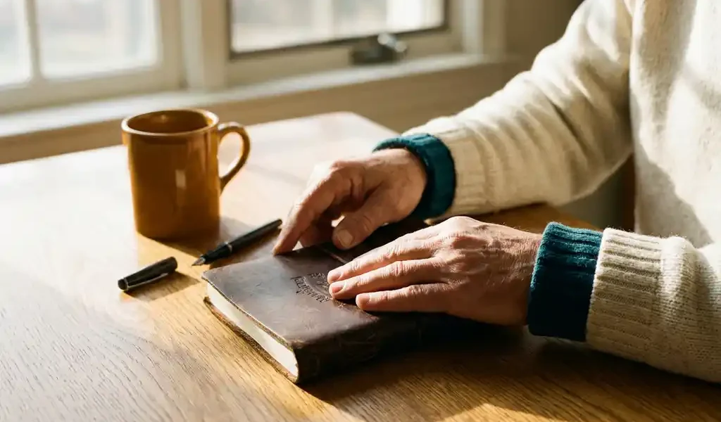 Coach sluit leren dagboek op eiken tafel met pen ernaast, zacht ochtendlicht, rustgevende sfeer.