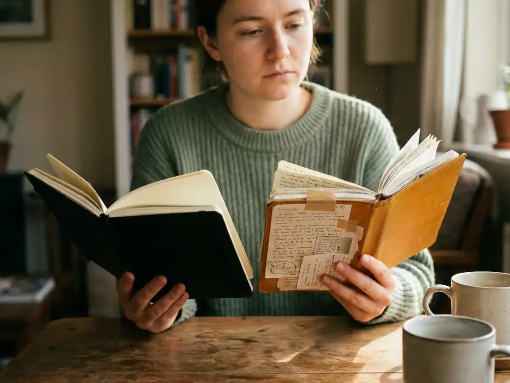Coach aan houten tafel met twee dagboeken in verschillende stijlen, omgeven door natuurlijk licht in salie- en ambergroene tinten.