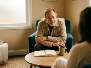 Ervaren coach leunt aandachtig voorover in minimalistische ruimte met houten tafel, notitieboek en keramische mok in warm natuurlijk licht.