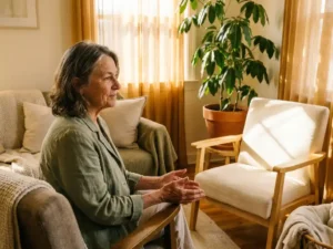 Ervaren coach zit rustig tegenover een lege stoel in een zonnige therapiekamer met linnen texturen en een groene plant.