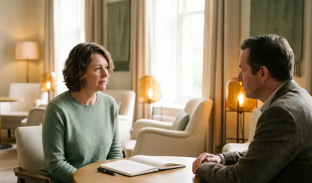 Coach en cliënt in gesprek aan houten tafel met open notitieboek, rustige professionele omgeving met natuurlijk licht.