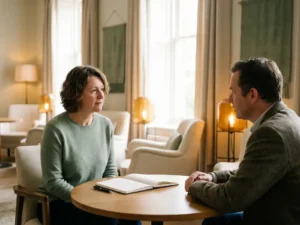 Coach en cliënt in gesprek aan houten tafel met open notitieboek, rustige professionele omgeving met natuurlijk licht.