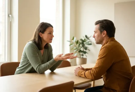 Twee collega's aan een minimalistische vergadertafel tijdens een coachingsgesprek, één leunt voorover met open handen en oprecht oogcontact.