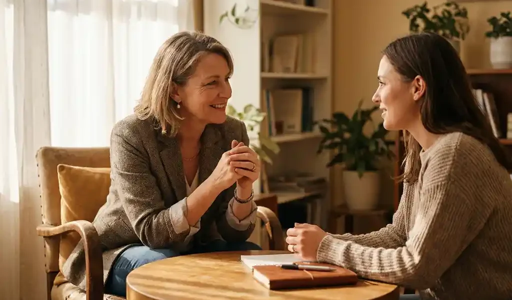 Coach en cliënt in gesprek aan tafel in zonnige ruimte, met notitieboek en open, betrokken lichaamstaal.