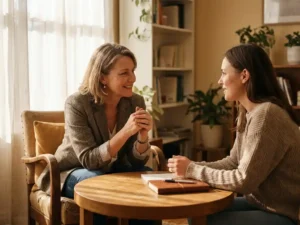 Coach en cliënt in gesprek aan tafel in zonnige ruimte, met notitieboek en open, betrokken lichaamstaal.