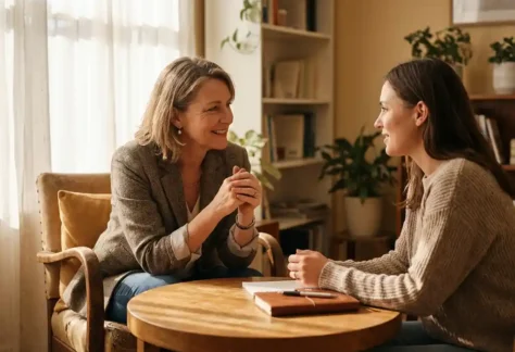 Coach en cliënt in gesprek aan tafel in zonnige ruimte, met notitieboek en open, betrokken lichaamstaal.