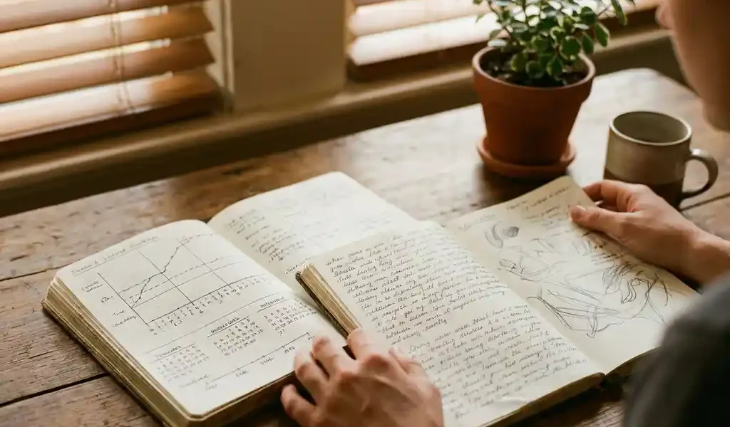 Persoon aan houten bureau met twee open dagboeken: één met doelgrafieken en tijdlijnen, één met reflectieve notities en schetsen, in warm middaglicht.