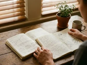 Persoon aan houten bureau met twee open dagboeken: één met doelgrafieken en tijdlijnen, één met reflectieve notities en schetsen, in warm middaglicht.