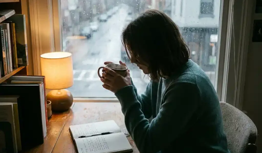 Persoon aan houten bureau bij regenachtig raam, handen om warme koffiemok, open notitieboek met pen, sfeervol amberkleurig lamplight.